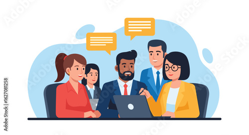 Diverse business team collaborating in a meeting, discussing ideas and planning strategy. Represents teamwork, communication, and modern workplace collaboration.