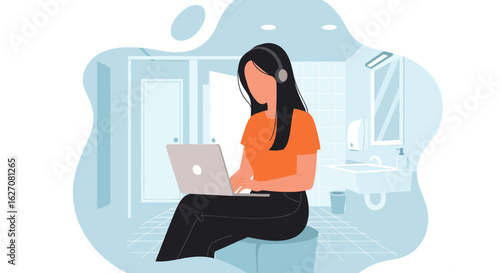 Focused young woman in headphones working remotely on laptop from an unconventional quiet space. Ideal for concepts of flexible work, online learning, and productivity.