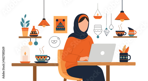 Woman in hijab working on laptop in a cozy, decorated home office, illustrating remote work, digital education, and modern lifestyle.