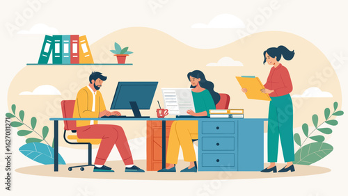 Professionals collaborate productively in a modern office setting. Ideal for business, teamwork, and corporate concepts.