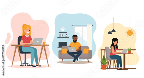 Diverse people working remotely from their comfortable home environments, symbolizing flexible modern work-life balance and digital productivity.