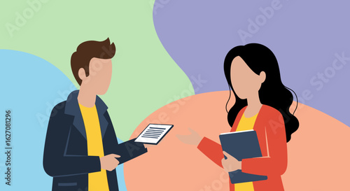 Two professional individuals engage in a business discussion, exchanging documents. Represents collaboration, agreement, and partnership in corporate settings.