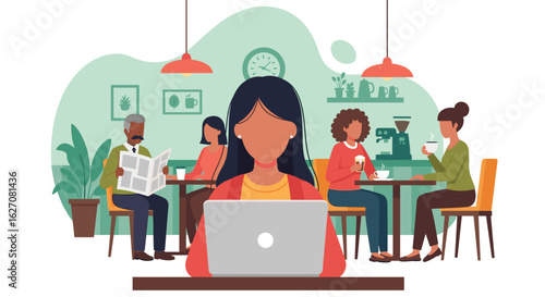 Woman working on a laptop in a cozy cafe, surrounded by people enjoying coffee and conversation. Remote work and modern lifestyle.