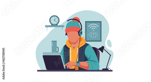 Person in casual wear and headphones working on a laptop at a home desk, embodying remote work, online learning, or digital lifestyle. Ideal for technology, business, or education concepts.