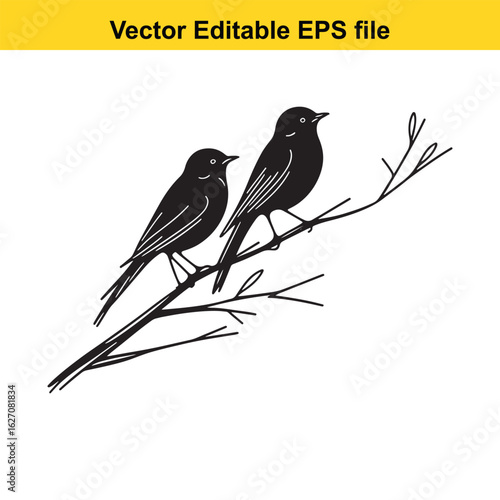 Vector art of two birds perched on a branch isolated on white background long horn, , long horn