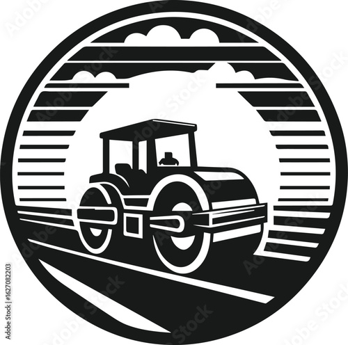 Black and White Vector Illustration of Road Roller Machine on Curved Asphalt Path for Construction, Roadwork, Paving, and Heavy Equipment Design Projects