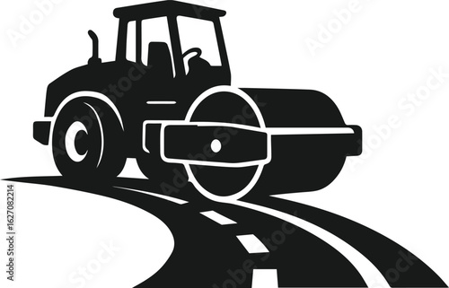 Road Roller Vector Illustration in Black and White Silhouette for Construction and Paving Design
