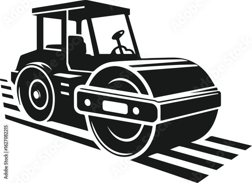 Black and White Vector Illustration of Road Roller Machine on Curved Asphalt Path for Construction, Roadwork, Paving, and Heavy Equipment Design Projects