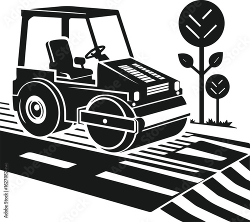 Black and White Vector Illustration of Road Roller Machine on Curved Asphalt Path for Construction, Roadwork, Paving, and Heavy Equipment Design Projects