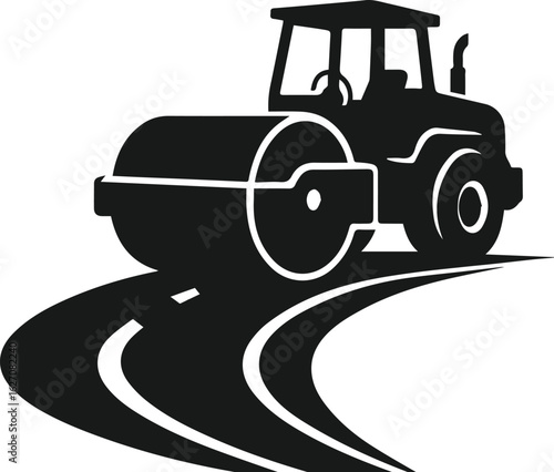 Black and White Vector Illustration of Road Roller Machine on Curved Asphalt Path for Construction, Roadwork, Paving, and Heavy Equipment Design Projects
