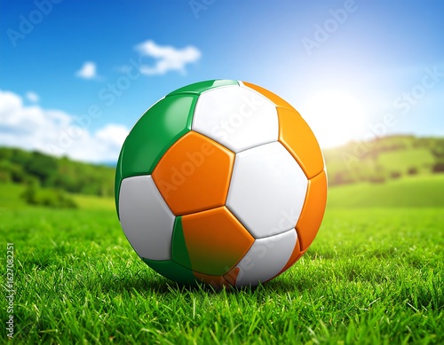 Soccer ball on grass with a sunny sky