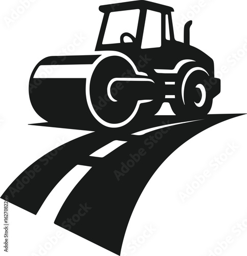 Road Roller Vector Illustration in Black and White Silhouette for Construction and Paving Design