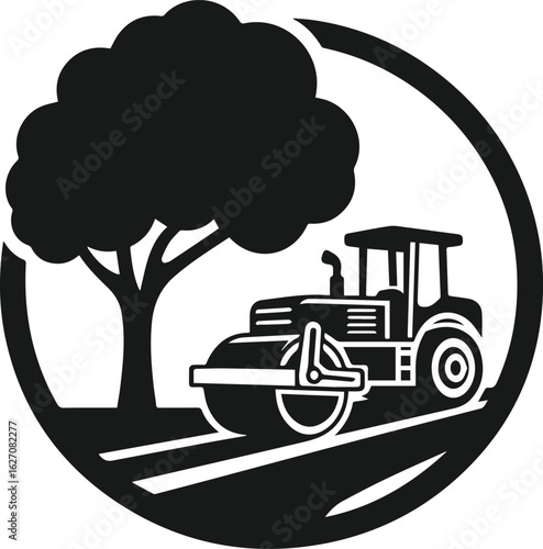Black and White Vector Illustration of Road Roller Machine on Curved Asphalt Path for Construction, Roadwork, Paving, and Heavy Equipment Design Projects