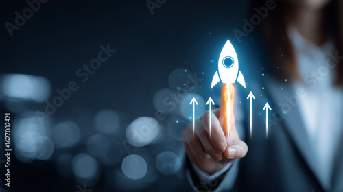 A businesswoman launches a startup with a rocket icon and upward arrows, symbolizing the launch of a startup, business growth, innovation, future success.Entrepreneurship,strategy,business development