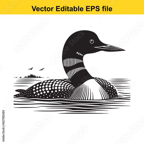 Vector art of black and white vector illustration of a loon swimming in water 