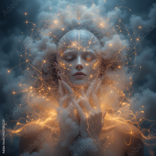 Brain fog. Health and psychology. Metaphorical rem sleep disorder emotions of a mental illusion. Phantom vision. Hallucination - due to rem sleep disorder: abstract image of health condition.