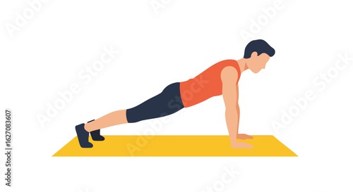 Vector Illustration of Man Doing Push Up Exercise Modern Fitness Design Flat Style Workout Pose Orange Black