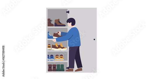 Illustration Vector of Person Putting Shoes in Modern Shoe Cabinet with Various Footwear Styles