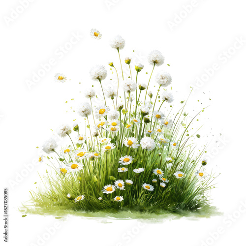 A vibrant depiction of wildflowers and grass