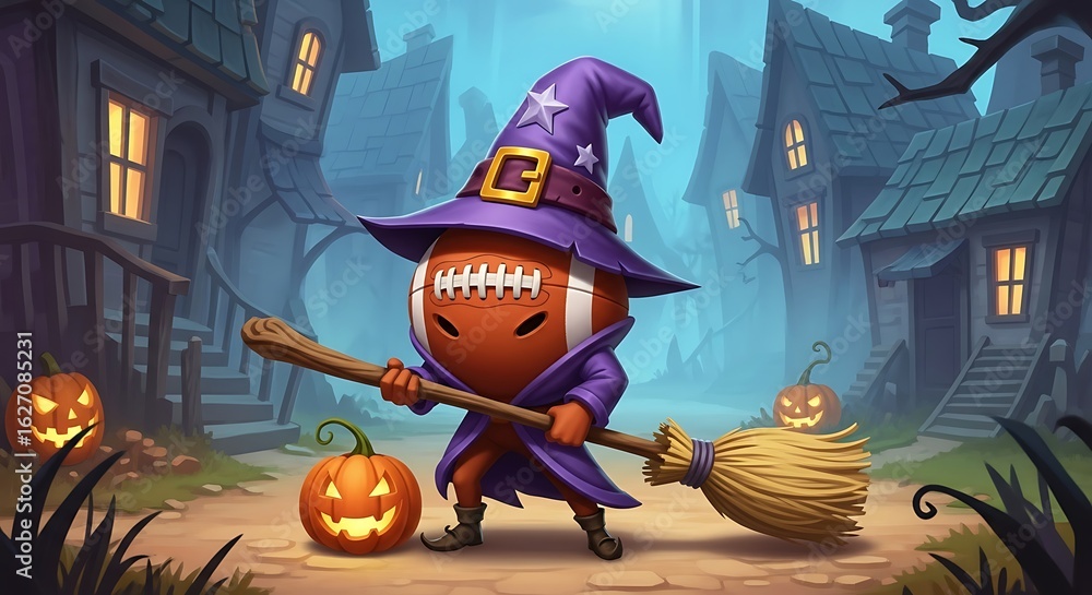Naklejka premium A football character dressed as a witch with a hat and broom, standing in a spooky halloween village