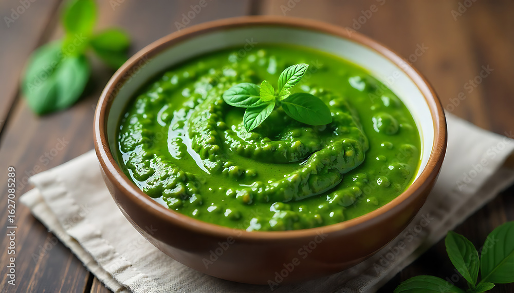 A bowl filled with green pesto, fresh green pesto sauce, a culinary delight, perfect for food photography, created with generative ai A bowl filled with green pesto, fresh green pesto sauce, a culinary delight, perfect for food photography, created with generative ai