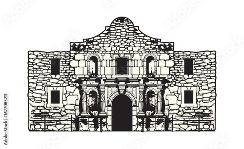 Quadro em tela The Alamo Black and White Vector Illustration — Historic Texas Landmark