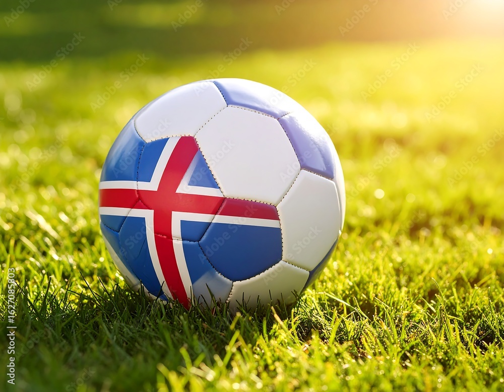 Fototapeta premium Soccer ball with Icelandic flag on grassy field