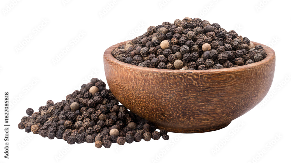 a wooden bowl filled with black pepper seeds a wooden bowl filled with black pepper seeds