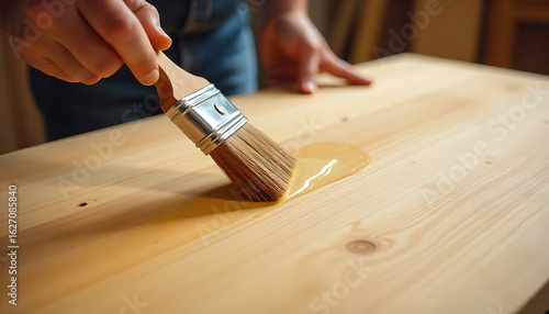 Applying clear varnish on natural wood surface with brush, showing the wood grain texture with warm lighting, concept of home or professional repair and construction, created with generative ai