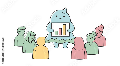 Cute blue monster character presenting a colorful bar chart to an attentive audience during a team meeting.