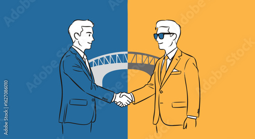 Graphic line art of two businessmen in contrasting blue and orange suits shaking hands symbolizing a partnership agreement with a bridge connecting them.