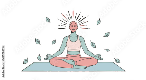 Serene woman in pink and teal meditating in lotus pose with radiating energy and floating leaves.