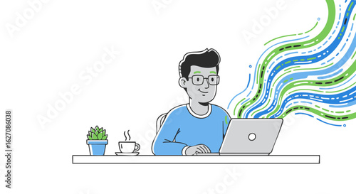 Smiling man with glasses working on a laptop with colorful data streams flowing from the screen.