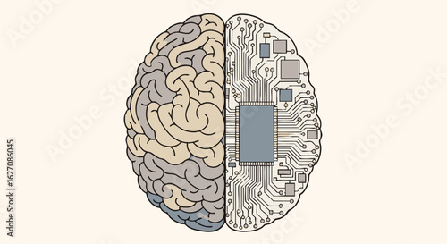 Split view of a brain one half organic the other a technological circuit board with a CPU.