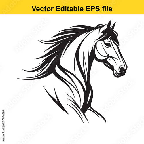Vector art of black and white illustration of a horses head isolated on white background long horn, , long horn