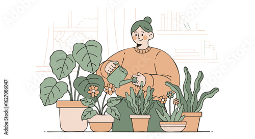 Smiling woman in an orange sweater watering her collection of potted houseplants with a watering can.