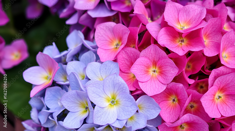 A stunning close-up of hydrangea flowers in a mix of vibrant colors, including shades of pink, purple, and blue. A stunning close-up of hydrangea flowers in a mix of vibrant colors, including shades of pink, purple, and blue.