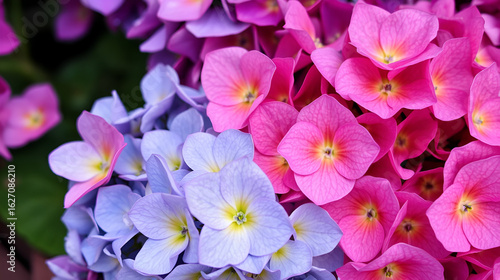 A stunning close-up of hydrangea flowers in a mix of vibrant colors, including shades of pink, purple, and blue.