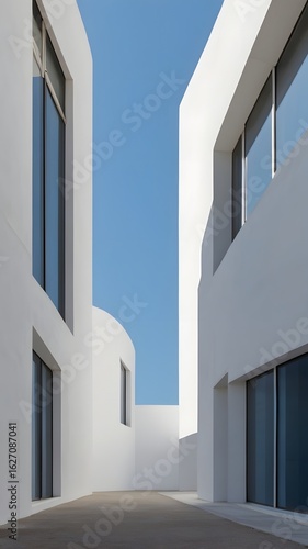 Minimalist Architecture: White Buildings Framing a Clear Blue Sky in Geometric Harmony