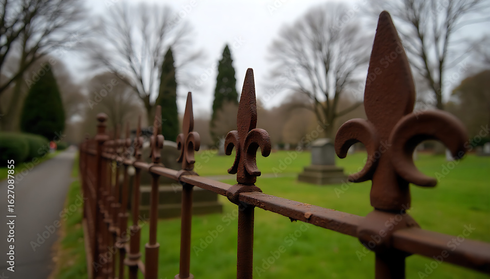 Obraz premium Rusty wrought iron fence with ornate finials surrounding an old cemetery on a cloudy day, Ornate metalwork, created with generative ai