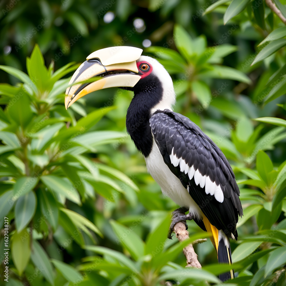 Obraz premium Black-and-white-casqued Hornbill Perched on Branch Surrounded by Green Foliage