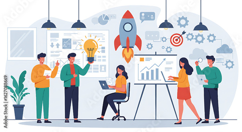 Startup Team Brainstorming Launching Rocket Business Project Idea Innovation