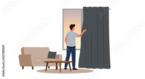 Vector Illustration of a Person Closing Curtains in a Modern Living Room