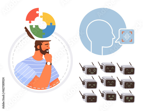 Man with puzzle head symbolizing problem-solving and AI innovation, profile with voice recognition grid, and multiple AI robots displaying emotions. Ideal for AI, machine learning, human-robot