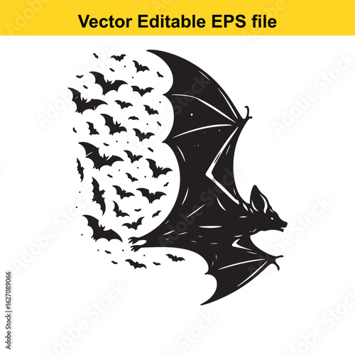 Vector art of a single large bat dissolving into a group of smaller bats, isolated on white long horn, , long horn