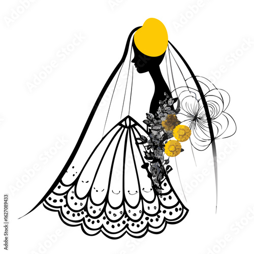 Artistic silhouette of a bride with bouquet and lace wedding veil  