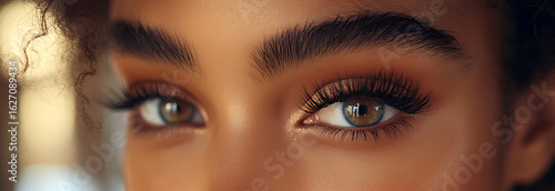 Portrait of woman with full lashes and glowing eyes. Close-up on facial beauty and perfect lashes. Celebrating eyelash styling on National Lash Day