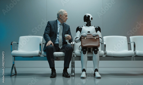 Artificial intelligence robot job interview against a human candidate, career, job search, ai