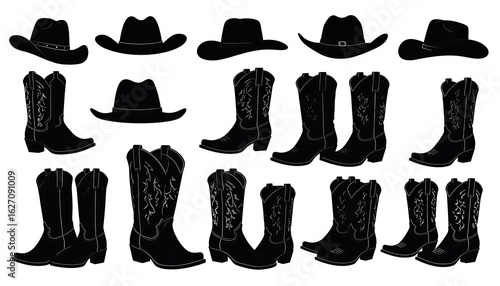 Silhouettes of cowboy hats and boots