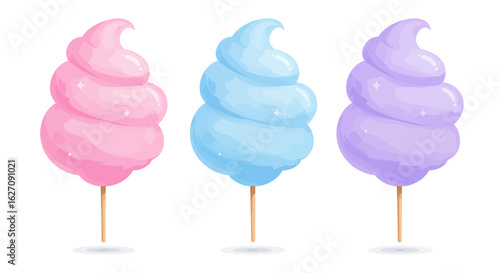 Three vibrant cotton candy swirls on sticks, pink, light blue, and lavender.